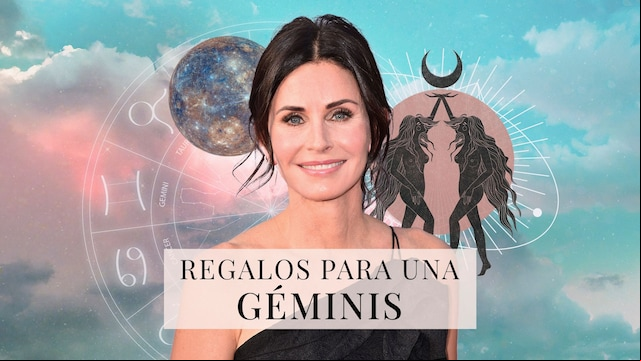 Regalos para mujer Géminis. Courtney Cox con fondo de horóscopo horizontal.