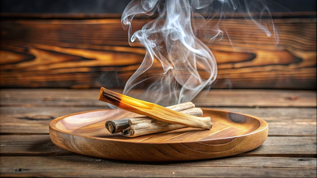 Palo santo ardiendo soltando humo purificador